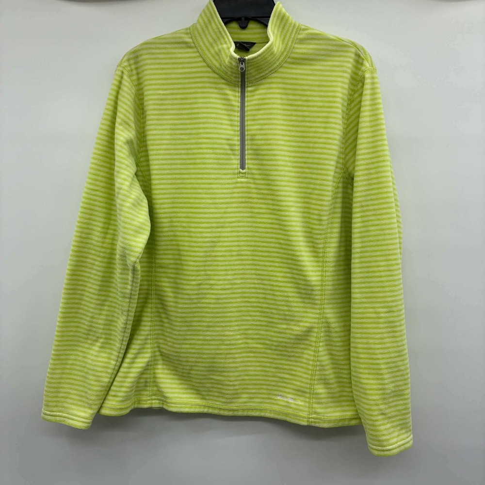 Eddie Bauer Fleece Pullover Women XL Lime Green Striped 1/4 Zip Mock Neck Hiking